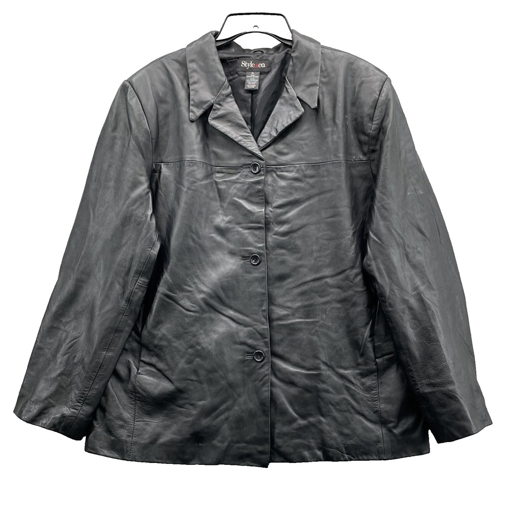 Style & Co. 100% Leather Jacket Women XL Minimalist  Corpcore Fall Moto Academia